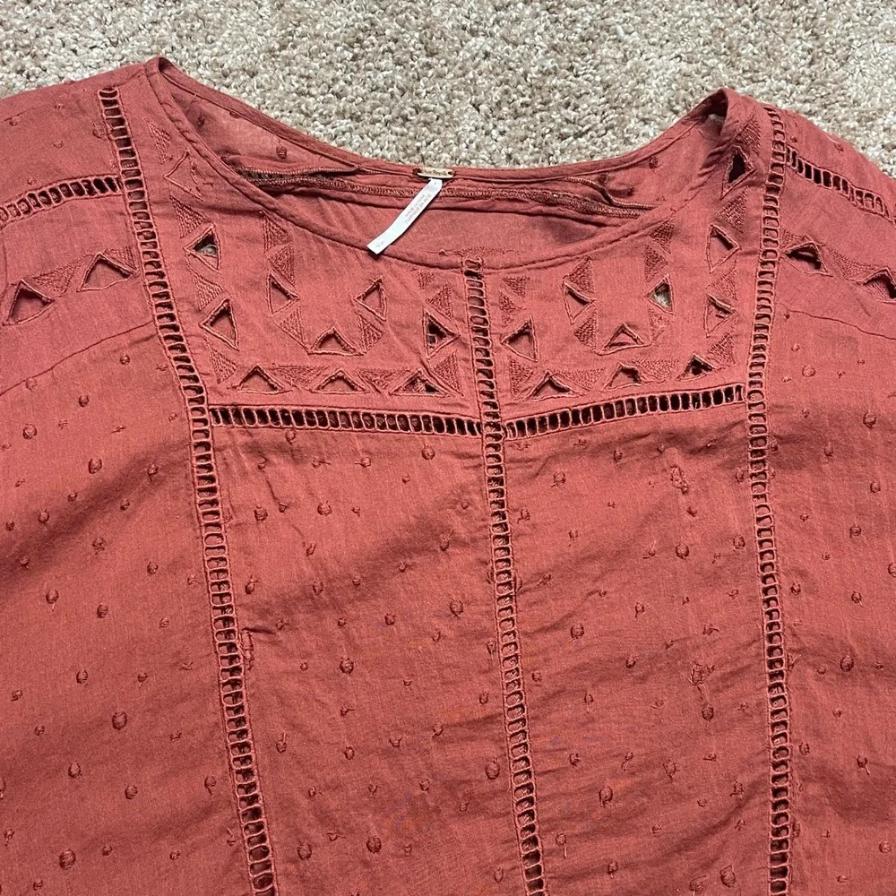 Free People Embroidered Swiss Dot‎ Ruffle Layering Top Blouse Boho Clay S